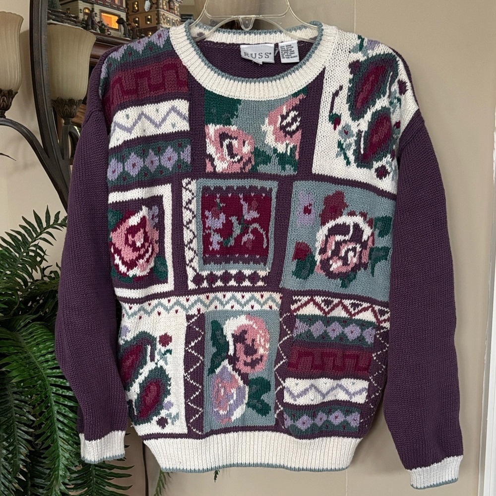 Vintage Russ Rose Floral & Paisley Patchwork Knit Crewneck Sweater Grandmacore